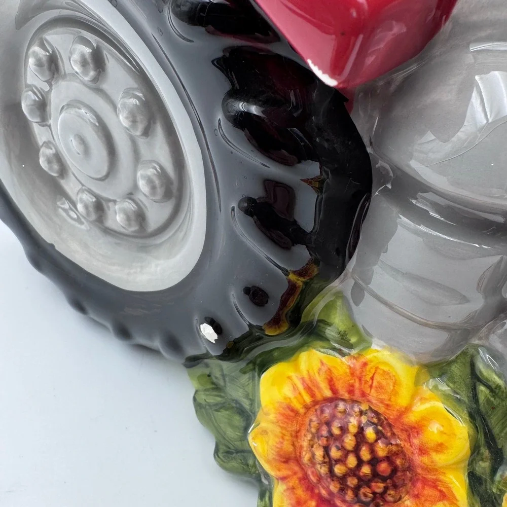 Vintage Cow Driving Red Tractor Ceramic Cookie Jar Farmhouse Decor 3345